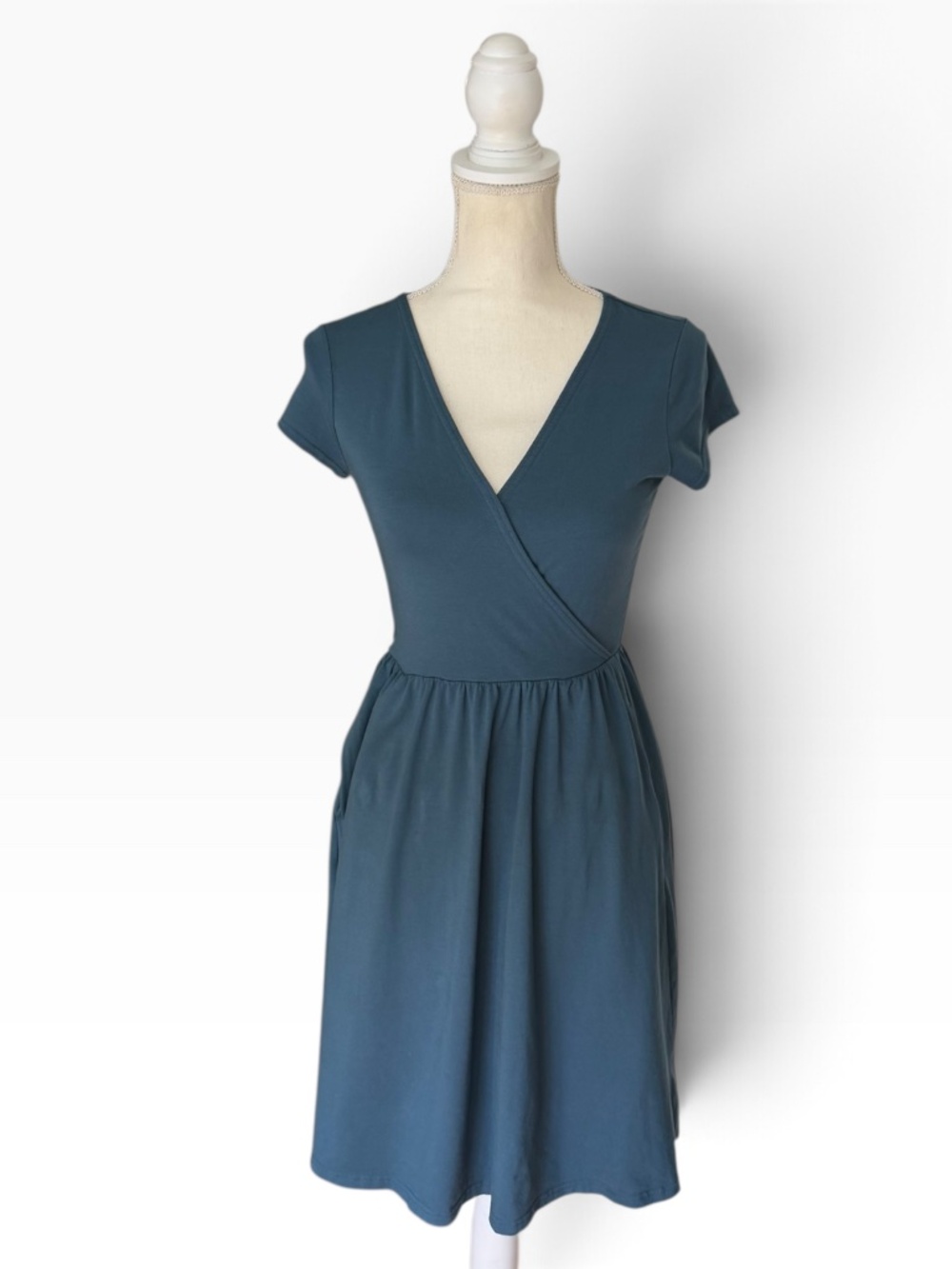 Pact Organic Cotton Fit Flare Dress XS Deep Aqua Blue Crossover V Neck Pockets
